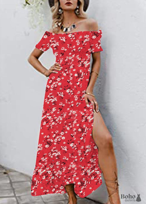 Vestido largo de verano bohemio con escote Bardot y flores Ximena